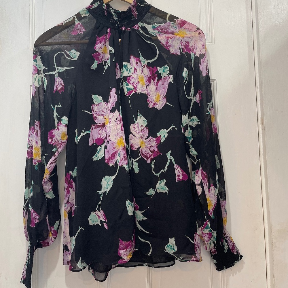 A.L.C. Venetia Black Silk Floral Long Sheer Sleeve Blouse Size 0